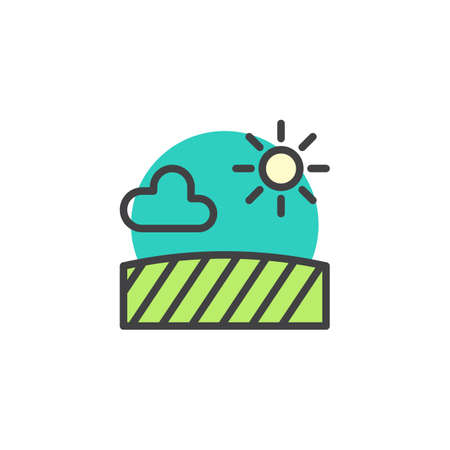 Field with sun cloud filled outline icon, line vector sign, linear colorful pictogram isolated on white. Farm field symbol, illustration. Pixel perfect vector graphicsのイラスト素材