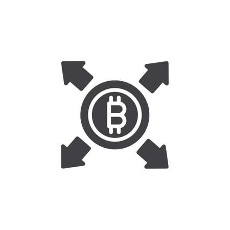 Bitcoin with all direction arrows vector icon. filled flat sign for mobile concept and web design. Cryptocurrency money spread simple solid icon. Symbol, logo illustration. Vector graphics.のイラスト素材