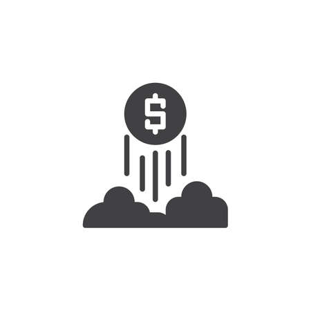 Dollar coin flying up in the sky vector icon. filled flat sign for mobile concept and web design. increase dollar rate simple solid icon. Symbol, logo illustration.のイラスト素材