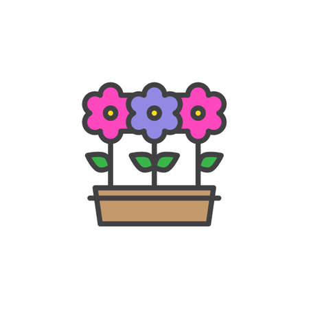 Flowers in flower pot filled outline icon, line vector sign, linear colorful pictogram isolated on white. Seedling symbol, logo illustration. Pixel perfect vector graphicsのイラスト素材