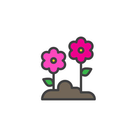 Growing flowers in soil filled outline icon isolated on white.のイラスト素材