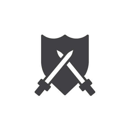 Crossed swords and shield vector icon. filled flat sign for mobile concept and web design. simple solid icon. Symbol, logo illustration. Pixel perfect vector graphicsのイラスト素材
