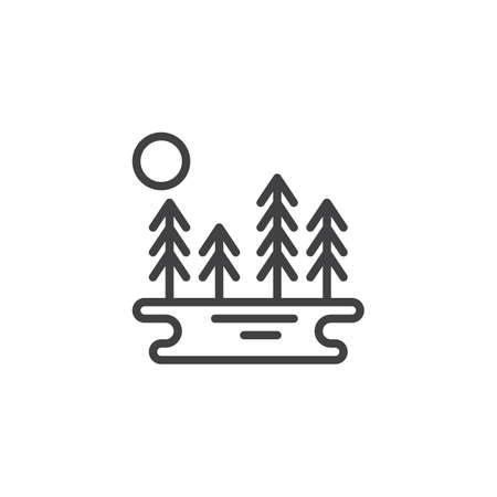 Trees and lake with sun outline icon. linear style sign for mobile concept and web design. Lake in forest nature landscape simple line vector icon. Symbol, logo illustration. Pixel perfect vector graphicsのイラスト素材