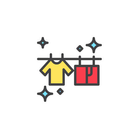 T-shirts hanging on a clothesline filled outline icon, line vector sign, linear colorful pictogram isolated on white. Dried clean laundry symbol, logo illustration. Pixel perfect vector graphicsのイラスト素材