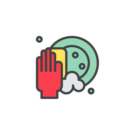 Clean dishes filled outline icon. Hand holding sponge scrubbing the plate illustrationのイラスト素材