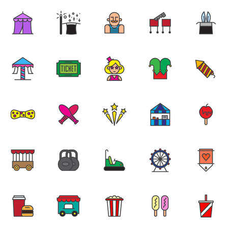Circus filled outline icons set, line vector symbol collection, linear colorful pictogram pack. Signs, logo illustration, Set includes icons as magic wand and magic hat, strongman , juggling skittlesのイラスト素材