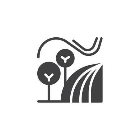 Field and trees vector icon. filled flat sign for mobile concept and web design. Rural landscape simple solid icon. Symbol, logo illustration. Pixel perfect vector graphicsのイラスト素材
