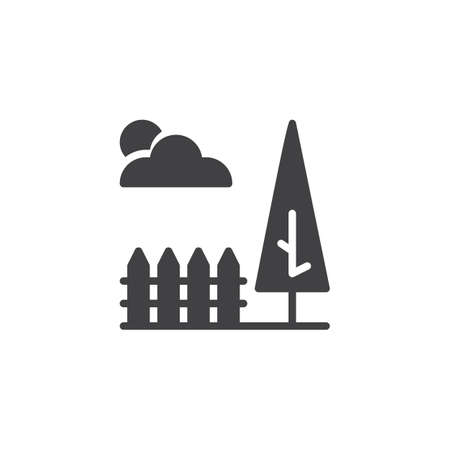 Park landscape vector icon. filled flat sign for mobile concept and web design. Tree, fence and cloud with sun simple solid icon. Symbol, logo illustration. Pixel perfect vector graphicsのイラスト素材
