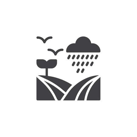 Field under rain vector icon. filled flat sign for mobile concept and web design. Rainy cloud, flying birds and field simple solid icon. Symbol, logo illustrationのイラスト素材