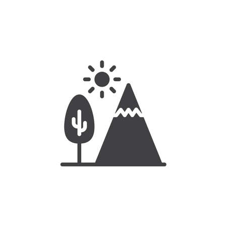Mountain tree and sun vector icon. filled flat sign for mobile concept and web design.  Nature landscape simple solid icon. Symbol, logo illustration. Pixel perfect vector graphicsのイラスト素材