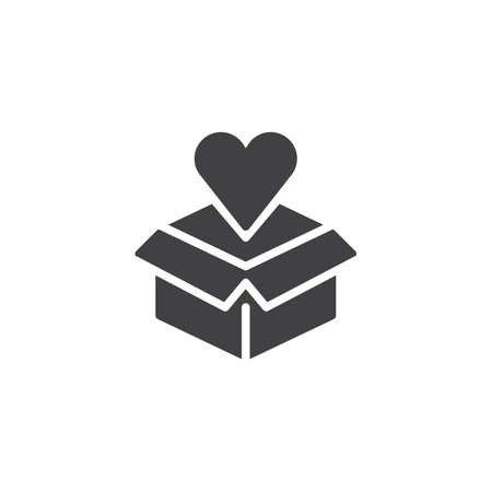 Open box and heart vector icon. Love gift filled flat sign for mobile concept and web design. Cardboard box with heart simple solid icon. Symbol, logo illustration. Pixel perfect vector graphicsのイラスト素材