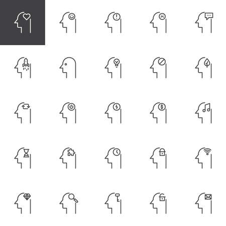Human mind outline icons set. linear style symbols collection, line signs pack. vector graphics. Set includes icons as heart in head, good mood, sadness, brainstorming, thinking person, profileのイラスト素材