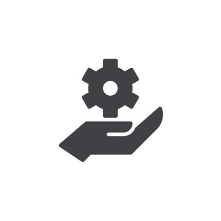 Gear in hand vector icon. filled flat sign for mobile concept and web design. Settings simple solid icon. Symbol, logo illustration. Pixel perfect vector graphicsのイラスト素材