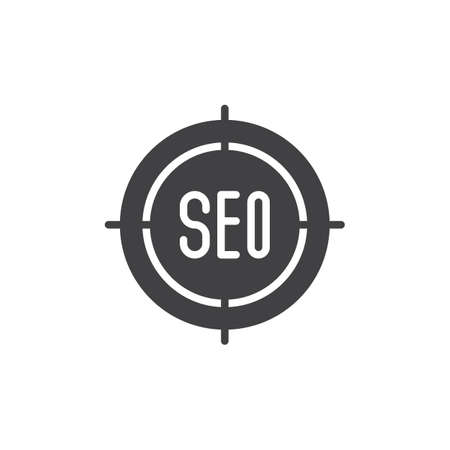 SEO in aim vector icon. filled flat sign for mobile concept and web design. Target seo simple solid icon. Symbol, logo illustration. Pixel perfect vector graphicsのイラスト素材