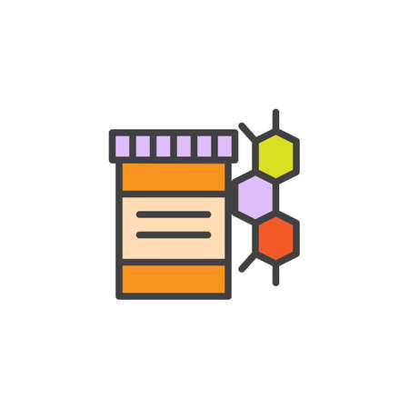 Medicine bottle and molecule structure filled outline icon, line vector sign, linear colorful pictogram isolated on white. Pharmacy symbol, logo illustration. Pixel perfect vector graphicsのイラスト素材