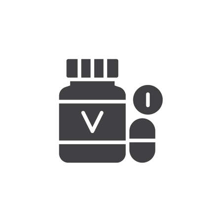 Vitamin pills bottle vector icon. filled flat sign for mobile concept and web design. Medicine jar simple solid icon, symbol, illustration pixel perfect vector graphics.のイラスト素材