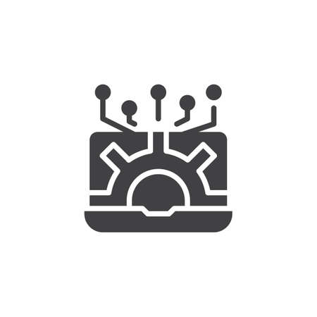 Laptop and network settings vector icon. filled flat sign for mobile concept and web design. Information Technology simple solid icon. Symbol, icon illustration. Pixel perfect vector graphics.のイラスト素材