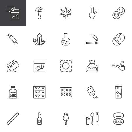 Drug outline icons set. linear style symbols collection, line signs pack. vector graphics. Set includes icons as Cocaine, Mushroom, Marijuana, Bong, Pills, Syringe, Crystals, LCD Cigarette Heroinの写真素材