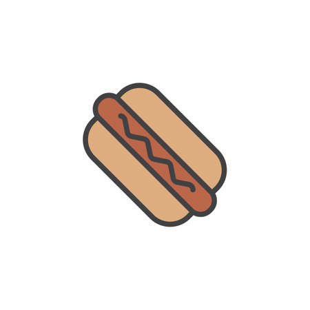Hot dog filled outline icon, line vector sign, linear colorful pictogram isolated on white. Frankfurter, Fast food symbol, logo illustration. Pixel perfect vector graphicsのイラスト素材