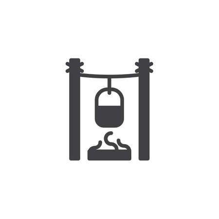 Pot over the campfire vector icon. filled flat sign for mobile concept and web design. Camping, outdoor cooking simple solid icon. Symbol, logo illustration. Pixel perfect vector graphicsのイラスト素材