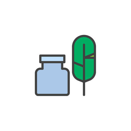 Feather with Ink Bottle filled outline icon, line vector sign, linear colorful pictogram isolated on white. Quill Pen and inkwell symbol, logo illustration. Pixel perfect vector graphicsのイラスト素材