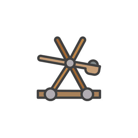 Medieval wooden catapult filled outline icon, line vector sign, linear colorful pictogram isolated on white. Catapult shooting stones symbol, logo illustration. Pixel perfect vector graphicsのイラスト素材