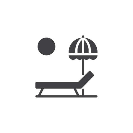 Sun lounger and Beach umbrella vector icon. filled flat sign for mobile concept and web design. Parasol, summer umbrella and sunbed simple solid icon. Symbol, logo illustration. Pixel perfect vectorのイラスト素材