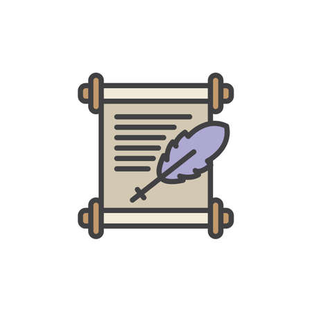 Manuscript paper and feather pen filled outline icon, line vector sign, linear colorful pictogram isolated on white. Paper scroll with quill pen symbol illustration. Pixel perfect vector graphicsのイラスト素材