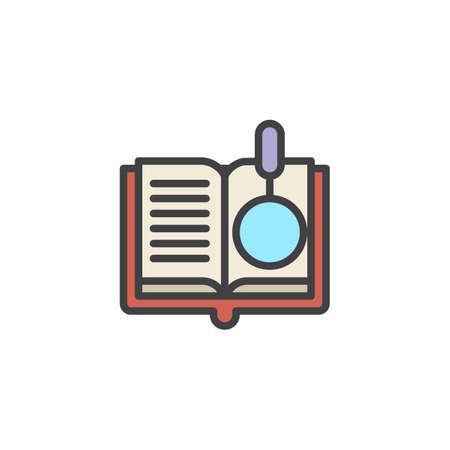 Book and magnifier glass filled outline icon, line vector sign, linear colorful pictogram isolated on white. Reading book symbol, illustration. Pixel perfect vector graphicsのイラスト素材