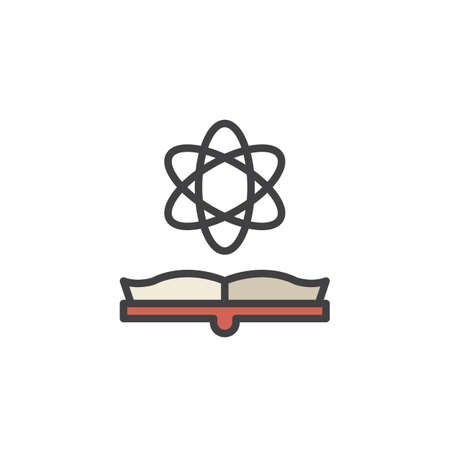 Open book and atom filled outline icon, line vector sign, linear colorful pictogram isolated on white. Molecule and book symbol, illustration. Pixel perfect vector graphicsのイラスト素材