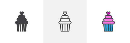 Cupcake with heart icon. Line, solid and filled outline colorful version, outline and filled vector sign. Symbol, logo illustration. Different style icons set. Pixel perfect vector graphicsのイラスト素材
