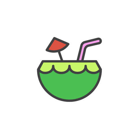 Summer cocktail with umbrella and straw filled outline icon, line vector sign, linear colorful pictogram isolated on white. Coconut Cocktail symbol, logo illustration. Pixel perfect vector graphicsのイラスト素材