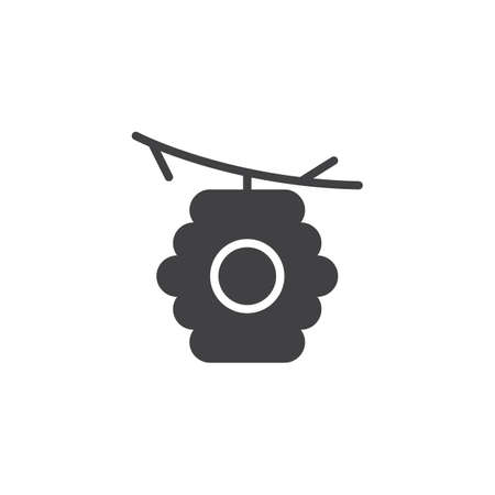 Hive on branch vector icon. filled flat sign for mobile concept and web design. Beehive on tree simple solid icon. Symbol, logo illustration. Pixel perfect vector graphicsのイラスト素材
