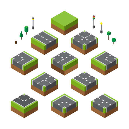 Isometric City Street elements set vector illustration. concept. Flat style design. City street with lamp traffic light trees. Colorful isometric graphicsのイラスト素材