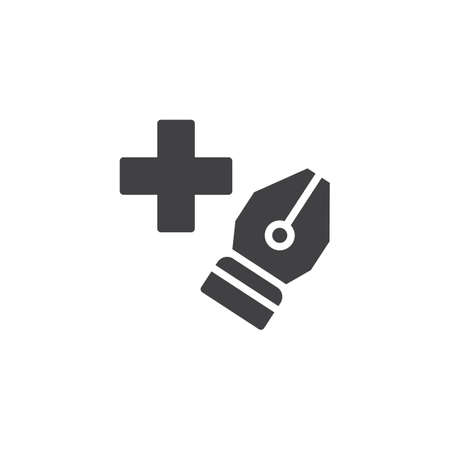 Pen add tool vector icon. filled flat sign for mobile concept and web design. Add Fountain pen simple solid icon. Symbol, logo illustration. Pixel perfect vector graphicsのイラスト素材