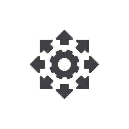 Setting gear and arrows vector icon. filled flat sign for mobile concept and web design. Move arrows simple solid icon. Symbol, logo illustration. Pixel perfect vector graphicsの写真素材