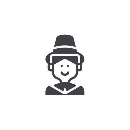 Pilgrim man with hat vector icon. filled flat sign for mobile concept and web design. Thanksgiving holiday simple solid icon. Symbol, logo illustration. Pixel perfect vector graphicsのイラスト素材
