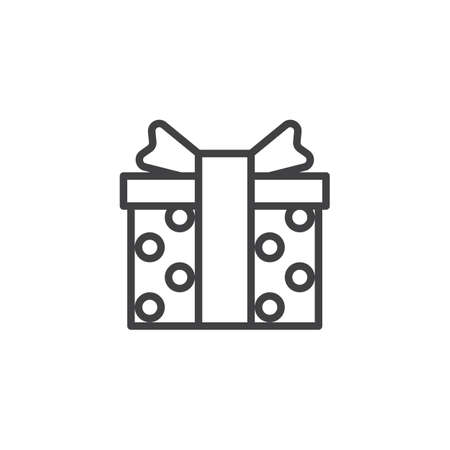 Decorated gift box with bow and ribbon outline icon. Linear style sign for mobile concept and web design. Present box simple line vector icon. Symbol, logo illustration. Pixel perfect vector graphicsの写真素材