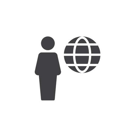 Global Connection User vector icon. filled flat sign for mobile concept and web design. Globe and man simple solid icon. Symbol, logo illustration. Pixel perfect vector graphicsのイラスト素材