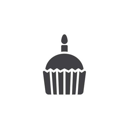 Cupcake with candle vector icon. filled flat sign for mobile concept and web design. Birthday cake simple solid icon. Symbol, logo illustration. Pixel perfect vector graphicsのイラスト素材