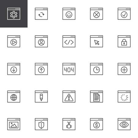 Browser interface outline icons set. linear style symbols collection, line signs pack. vector graphics. Set includes icons as website settings gear, Private browser window, Internet Virus Web pageのイラスト素材