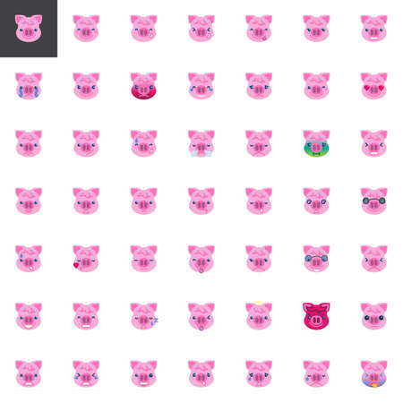 Piggy Face Emoji elements collection, flat icons set, Colorful symbols pack contains - New year Pig emoticon, Smiling emoticon, smiley character, Vector illustration. Flat style designのイラスト素材
