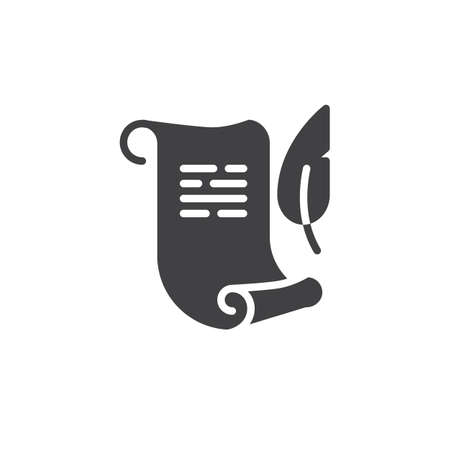 Paper scroll with feather pen vector icon. filled flat sign for mobile concept and web design. Ancient parchment paper and a quill simple solid icon. Symbol, logo illustration. Pixel perfect vectorのイラスト素材