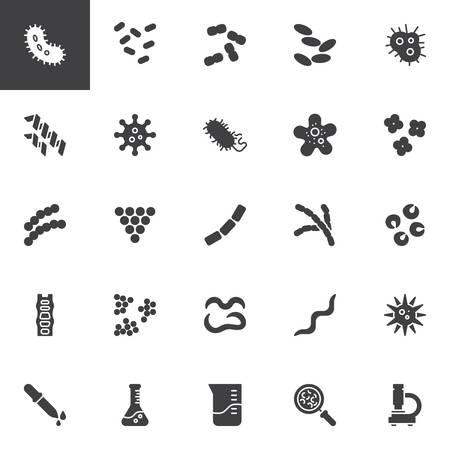 Bacteria and viruses vector icons set, modern solid symbol collection, filled style pictogram pack. Signs, logo illustration. Set includes icons as Cocci Bacteria microorganism, Bacillus, Microscopeのイラスト素材