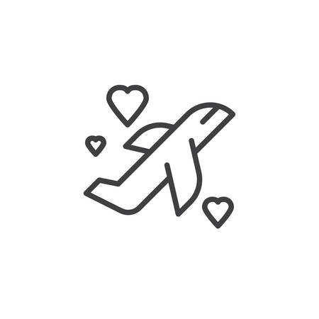 Honeymoon travel line icon. linear style sign for mobile concept and web design. Flying plane with hearts outline vector icon. Symbol, logo illustration. Pixel perfect vector graphicsのイラスト素材