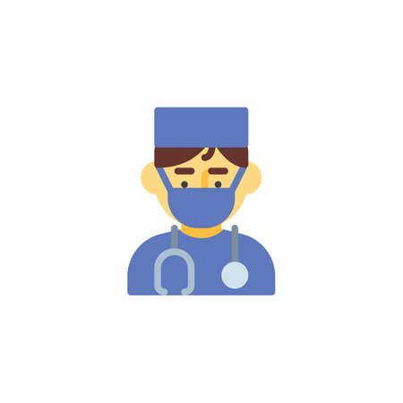 Doctor with stethoscope and medical uniform flat icon, vector sign, colorful pictogram isolated on white. Male doctor avatar character symbol, logo illustration. Flat style designのイラスト素材