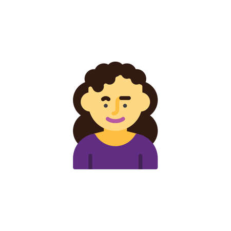 Woman with curly hair flat icon, vector sign, colorful pictogram isolated on white. Cute girl avatar...