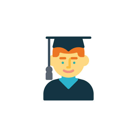 Young man with graduation hat flat icon, vector sign, colorful pictogram isolated on white. Man student avatar symbol, logo illustration. Flat style designのイラスト素材