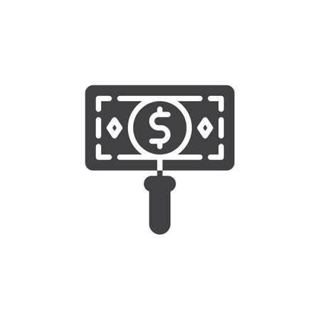 Money search vector icon. filled flat sign for mobile concept and web design. Magnifier dollar sign simple solid icon. Symbol, logo illustration. Pixel perfect vector graphicsのイラスト素材
