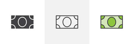 Money bill icon. Line, glyph and filled outline colorful version, Paper money outline and filled vector sign. Cash money symbol, logo illustration. Different style icons set. Pixel perfect vectorのイラスト素材